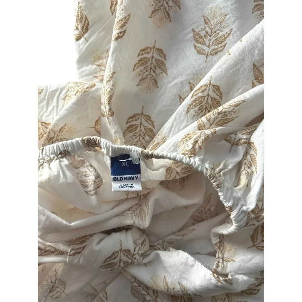 Old Navy Floral Block Stamp Peasant Top XL Puff Sleeve Tie Back Cottage Boho